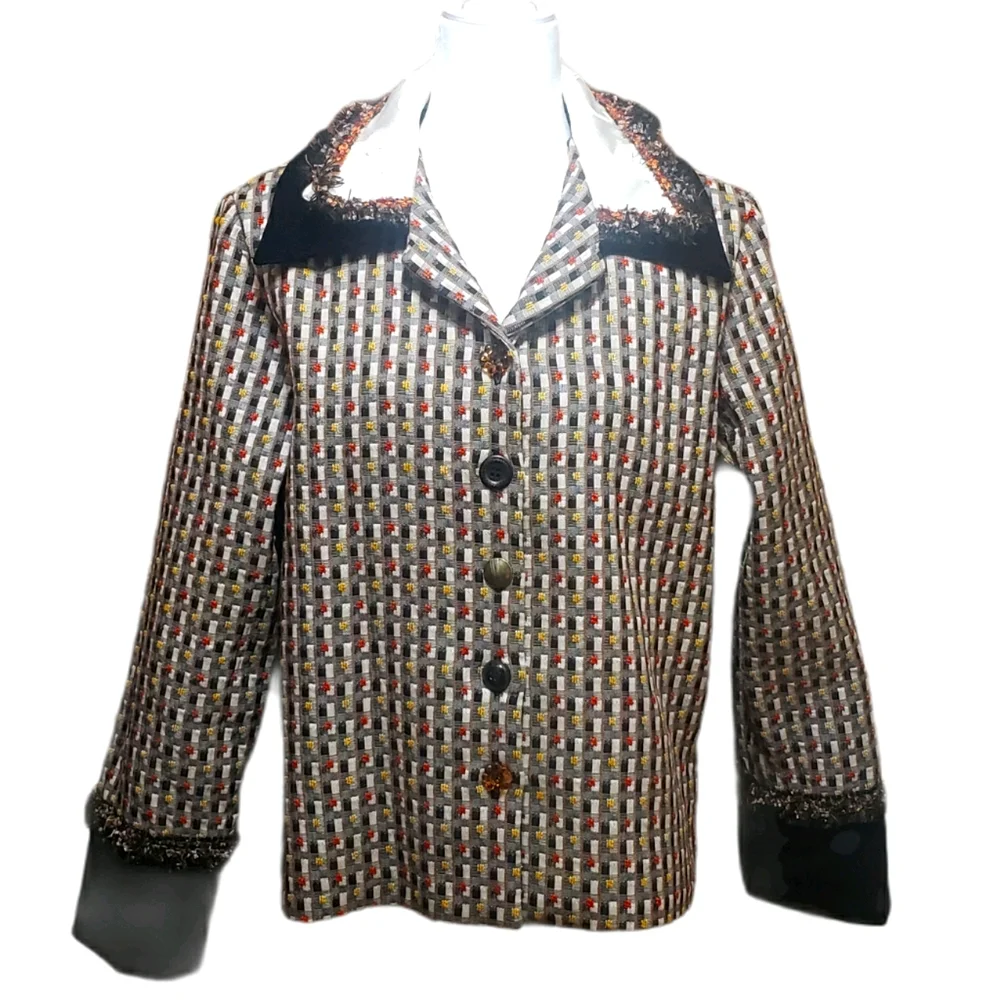 Taylor G. Embroidered Checkered Velvet Trim Suit Jacket